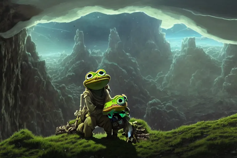 Prompt: resolution 4k worlds of loss and depression made in abyss design Akihito Tsukushi design body pepe the frogs fighting in the civil war war , battlefield darkness military drummer boy pepe , desolated city ivory dream like storybooks, fractals , pepe the frogs at war, art in the style of and Oleg Vdovenko and Gustave dore and Akihito Tsukushi , Q Hayashida-H 1027