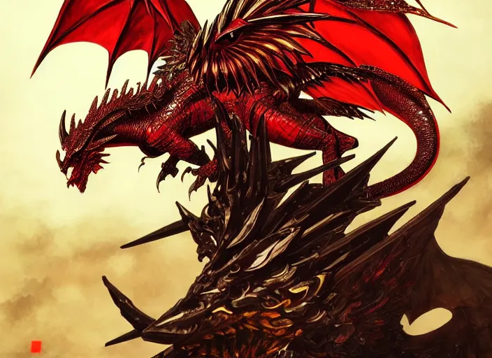 Prompt: Majestic winged dragon with ornate red and gold scales. In style of Yoji Shinkawa and Hyung-tae Kim, trending on ArtStation, dark fantasy, great composition, concept art, highly detailed.