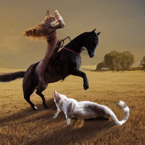 Image similar to a cat standing on a dog that riding a horse, realistic, 4k