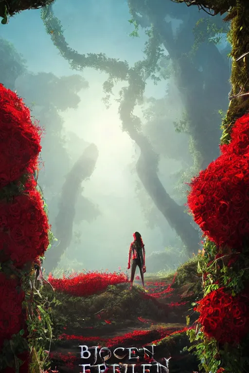 Prompt: movie poster artwork of broken arches leading to the pillars of eternity draped with red flowers and vines, blue sky, lens flare, a sense of mystery, cinematic, ultra detailed, intricate, sharp focus, trending on artstation and unreal engine