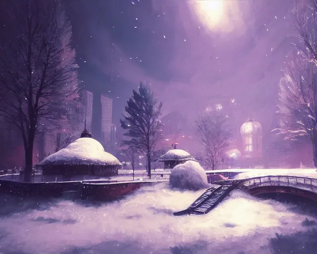 Image similar to scenery artwork, scene beautiful, light!! light essential calm and cozy winter world snow and night, surrealism oil on canvas, artstation!! pixiv!! dream scenery, quality nier : automata projection render, nier automata concept art, vaporwave textures