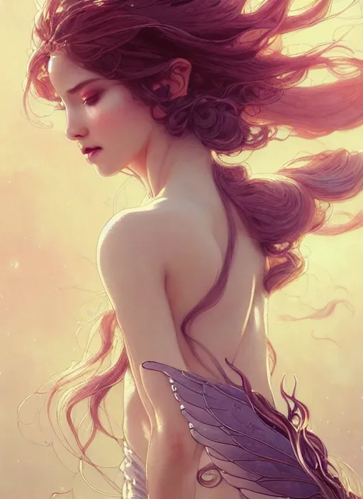 Image similar to portrait of woman with flowy hair, wings, confident pose, pixie, genshin impact, intricate, elegant, sharp focus, soft bokeh, illustration, highly detailed, concept art, matte, trending on artstation, bright colors, art by wlop and artgerm and greg rutkowski, mucha, giger, marvel comics