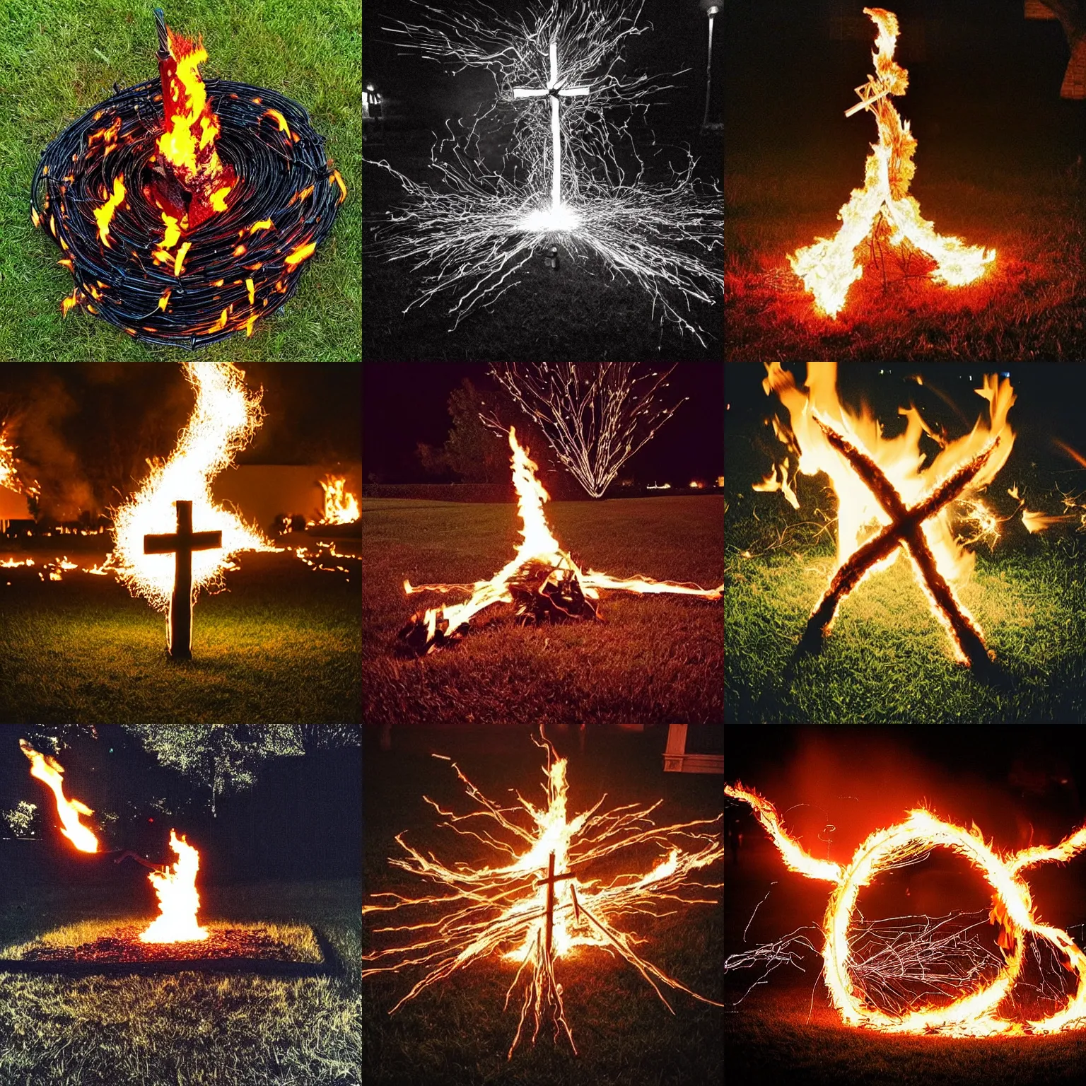 Prompt: “a burning flaming cross on fire made from twisted cables on a suburban grass lawn at night, dark night. sparks sparks sparks embers embers sparks flying everywhere. Flash photograph.”