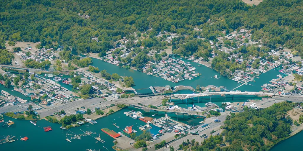Image similar to bird's eye view of a city, trailer park, a road, bridge, and lagoon with docking area.