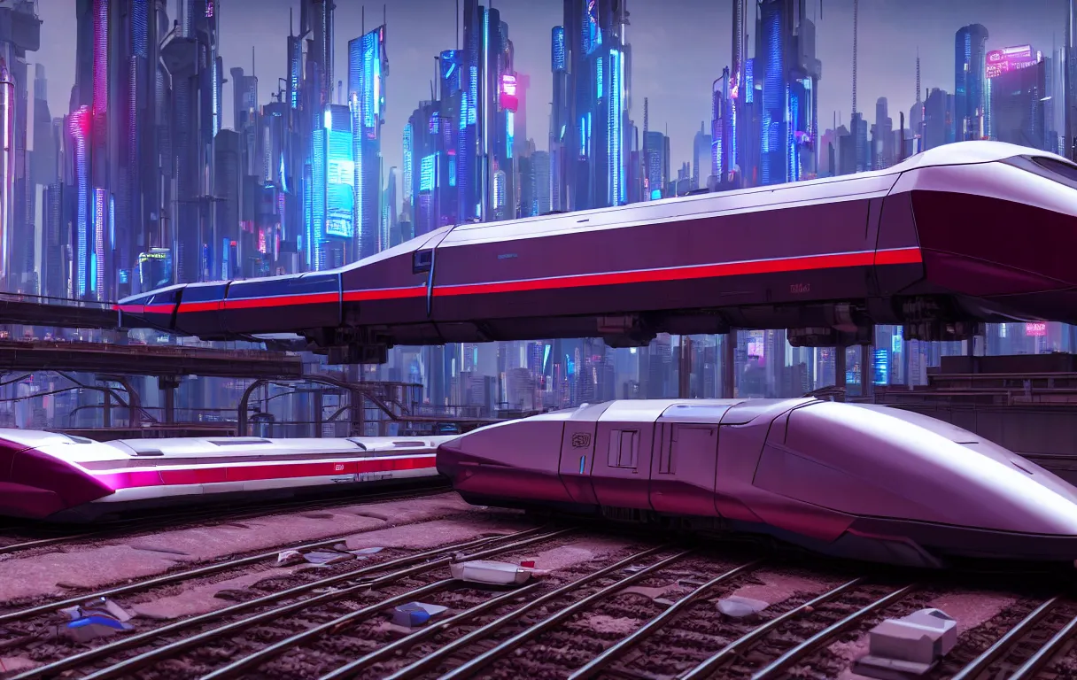 Image similar to cyberpunk maglev train riding though futuristic station, futuristic cityscape in background, gorgeous lighting and metallic reflection, maroon and blue accents, 8k, large scale, high detail, side profile, star citizen area 18, origin 890 jump