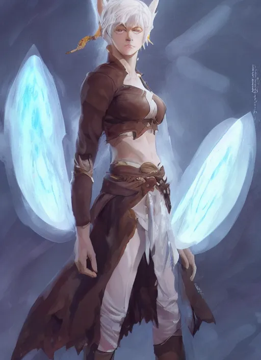 Image similar to concept art painting of a woman with brown skin and short white hair, demon horns, elf ears, full clothing, blue clothes, robes, detailed, cel shaded, in the style of ruan jia and artgerm and makoto shinkai and james gurney