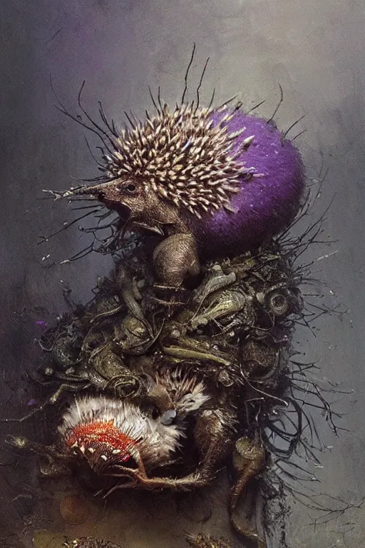 Prompt: painting by giger, hedgehog with purple needles hides under fly agaric from the rain, greg rutkowski, rembrandt, detailed, stunning, realistic skin color