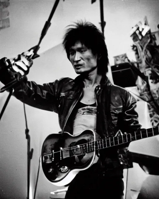 Image similar to sixty years old viktor tsoi with guitar in his hands, leather jacket, photo, microphone, rock concert, black and white, iso 6 0 0, 3 5 mm, kodak gold