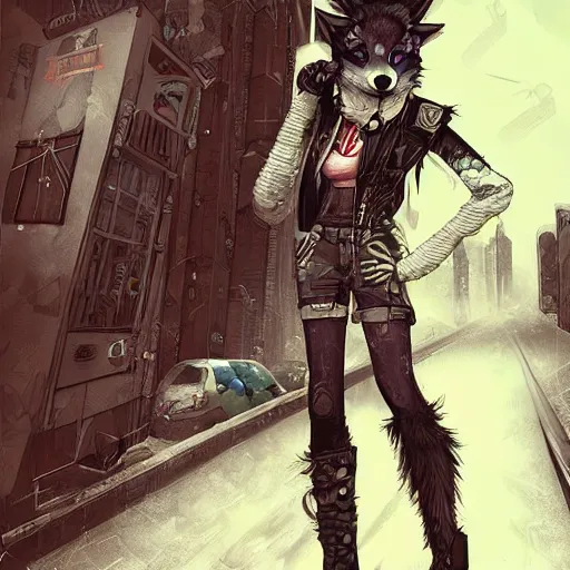 Image similar to beautiful furry art portrait commission of a furry anthro wolf fursona wearing punk clothes in the streets of a cyberpunk city. character design by charlie bowater, ross tran, rick griffin, miles df, detailed, inked, western comic book art