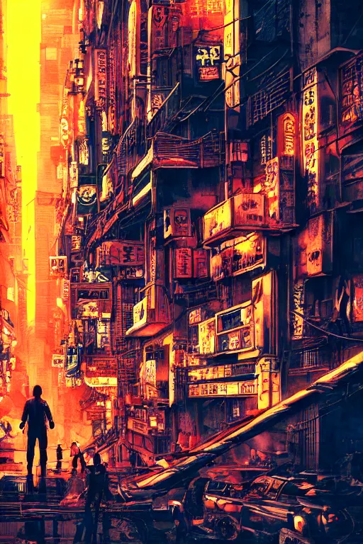 Image similar to tatsuki fujimoto movie poster, randypunk, intricate cyberpunk city, orange overlooking city, street gang, dramatic lighting, epic composition, bladerunner