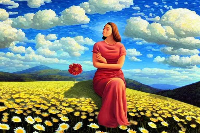 Image similar to giant daisy flower head, woman sitting, surreal, clouds in sky, impressionist painting, digital painting, artstation, rob gonsalves