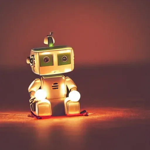 Image similar to a cute little robot sitting on a matchstick with a lit candle in the background