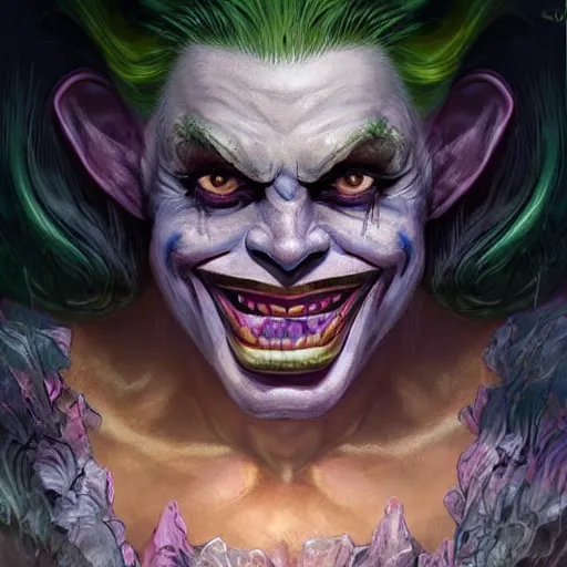 Prompt: portrait of michelle phan as the joker as a hulking herculean demon orc bugbear clown, godlike, upper body, fantasy, intricate, elegant, highly detailed, digital painting, artstation, concept art, sharp focus, illustration, art by artgerm and greg rutkowski and alphonse mucha