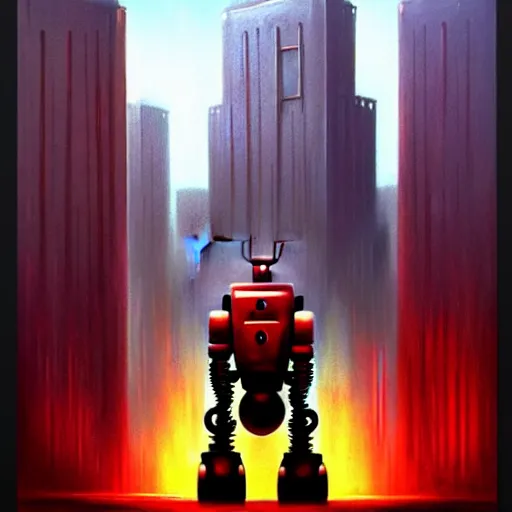 Image similar to a large red robot standing in front of a city, concept art by jarosław jasnikowski, trending on artstation, altermodern, steampunk, concept art, 2 d game art