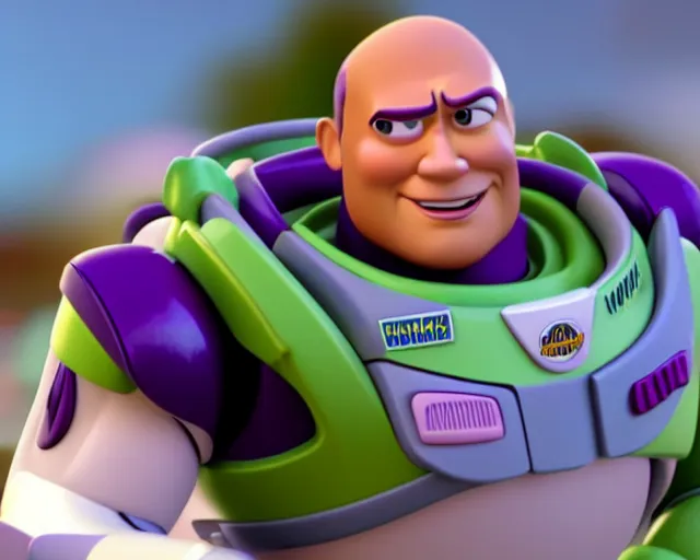 Image similar to Film still close-up shot of Dwayne Johnson as Buzz Lightyear in the movie Toy Story 3. Photographic, photography