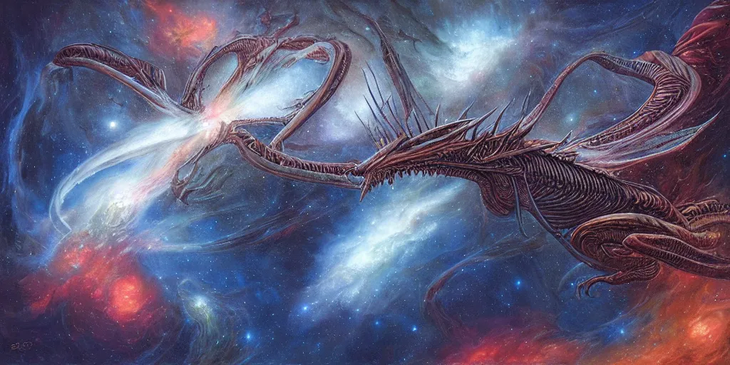 Image similar to an alien dragon flying through outer space, epic nebula, dan seagrave art