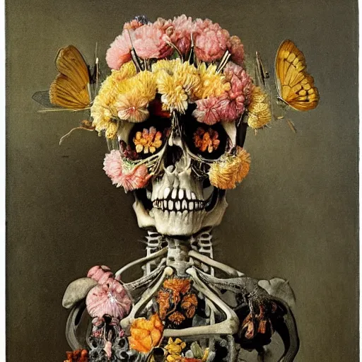 Prompt: mimosa blossoms in the eye sockets of a skeleton, holding gladioli, butterflies and worms, day of the dead, Dutch masters
