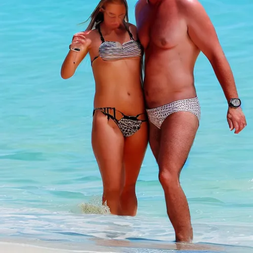 Image similar to photo of a 4 0 year old man that looks young for his age dating a very attractive 2 2 year old woman wearing a bikini. his wife is visibly upset in the background. lol