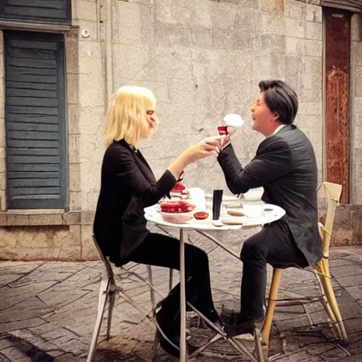 Prompt: a blonde woman & Michael mcintyre eating gelato & tea in Porto, greg rutkowski