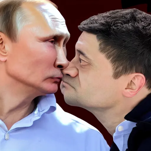 Image similar to Vladimir Putin kissing Zelensky ultra realistic