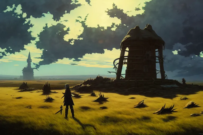 Image similar to anime key visual of grimdark fantasy world, open battlefield plains, overcast sky with sunrays between clouds, tower of skulls, style of jamie wyeth james gilleard edward hopper greg rutkowski acrylic painting, oil on canvas, preserved museum piece, historical