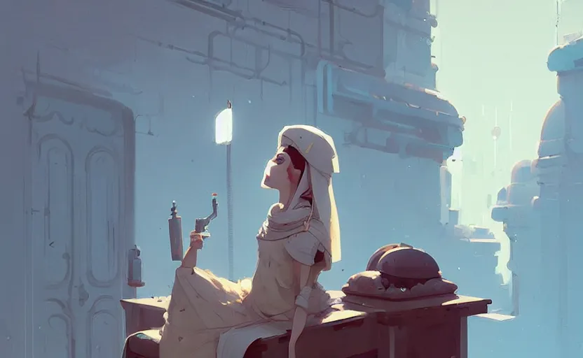 Prompt: female ottoman princess by atey ghailan, by greg rutkowski, by simon stalenhag, by greg tocchini, by james gilleard, by joe fenton, by kaethe butcher dynamic lighting, gradient light blue, brown, blonde cream and white color scheme, grunge aesthetic