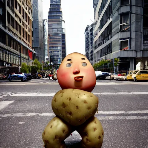 Image similar to a potato man in the middle of the city breakdancing