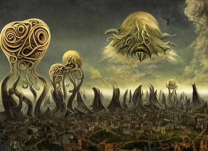 Image similar to lovecraftian structures in the sky by bosch, highly detailed digital painting