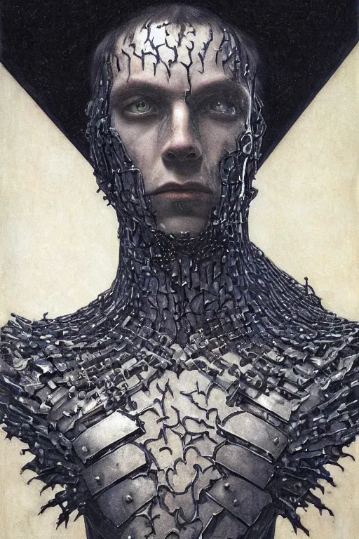 Image similar to portrait of beautiful gothic and futuristic young man, warcraft, cyber and rocks armor, a lot of more and more scars, thunderstorm, black with white head, the middle ages, highly detailed, artstation, illustration, more and more composision, 8 k quality, art by jean delville, rene magritte