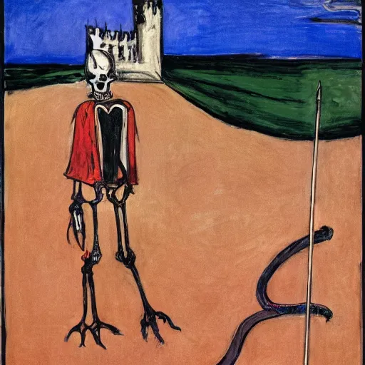 Image similar to A beautiful installation art of a horned, red-eyed, skeleton-like creature, with a long black cape, and a staff with a snake wrapped around it, standing in front of a castle atop a cliff. by Richard Diebenkorn lively, realist