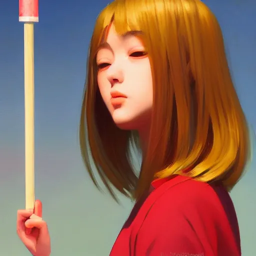 Prompt: oil painting by ilya kuvshinov,, baugh casey, rhads, coby whitmore, of a youthful japanese beauty, long hair, holding lolipop, outdoors, highly detailed, breathtaking face, studio photography, dawn, intense subsurface scattering, blush, supple look, innocence, intense sunlight