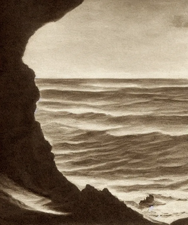 Image similar to photorealistic sepia painting of a 1 9 2 5 bay boat sailing near a jamaican cliff with the mouth of a sea cave at the waterline, dark, brooding, atmospheric, lovecraft, horror