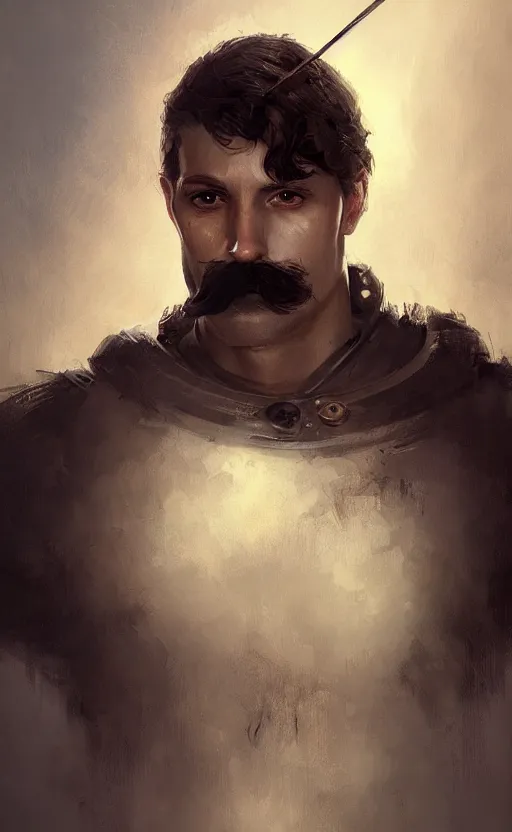 Prompt: Portrait of a Knight with a moustache, male, detailed face, fantasy, highly detailed, cinematic lighting, digital art painting by greg rutkowski