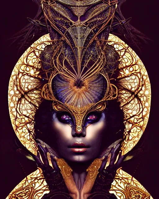 Image similar to hyperrealistic detailed portrait of a beautiful dark goddess in an intricate golden ornamental geometrical ritual mask, intricate cyberpunk make - up, insane details, art by ernst haeckel, nekro borja, android jones, alphonso mucha, gothic - cyberpunk, ornamental, beautiful deep colours,