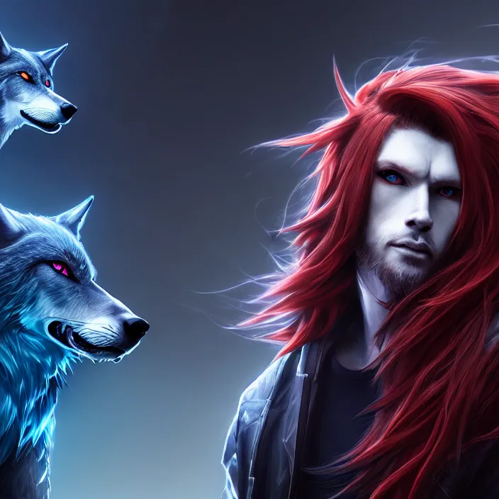 Image similar to portrait of male anthropomorphic dark gray anime wolf, long red hair, blue eyes, in a futuristic city, hyper detailed, digital art, trending on artstation, cinematic lighting, studio quality, smooth render, unreal engine 5 rendered, octane rendered, 1 : 1 aspect ratio