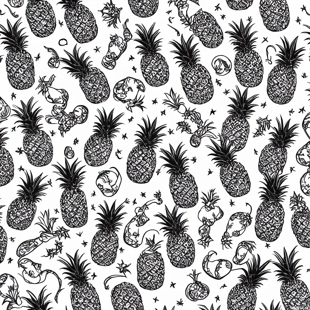 Prompt: seamless pattern parots and pineapples. black and white, drawing, white background, seamless, ornament.