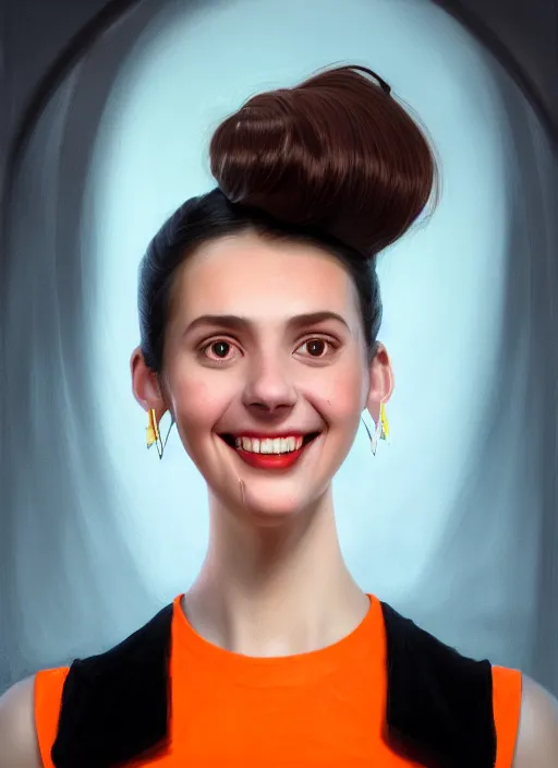 Image similar to portrait of high school girl, realistic, black hair, bangs, half updo hairstyle, pointy nose, skinny, smile, ugly, defined jawline, big chin, orange hair bow, earrings, intricate, elegant, glowing lights, highly detailed, digital painting, artstation, sharp focus, illustration, art by wlop, mars ravelo and greg rutkowski