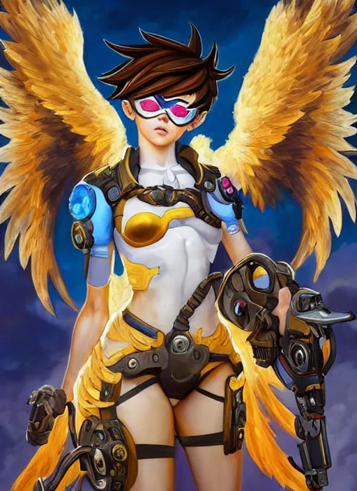 Image similar to full body oil painting of tracer overwatch in the style of sophie anderson, angel wings, angelic golden armor, dramatic painting, symmetrical composition, ornate, golden chains, high detail, gold detailed collar!!!!!, blooming, angelic, lights, flowers, heavenly, bright, detailed face,