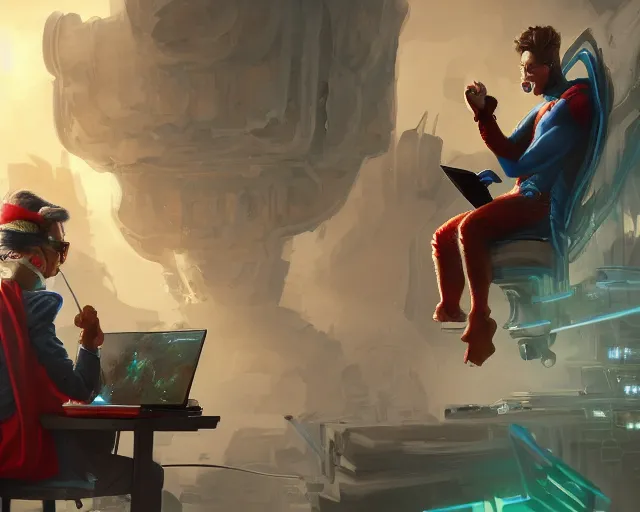 Image similar to an insanely detailed painting of a nerdy asian man wearing a superhero costume, sitting at a desk, staring at the nervously at the computer and typing, in the style of peter mohrbacher, dramatic lighting and composition, octane render, pixar, trending on artstation, concept art, comic book, view from behind