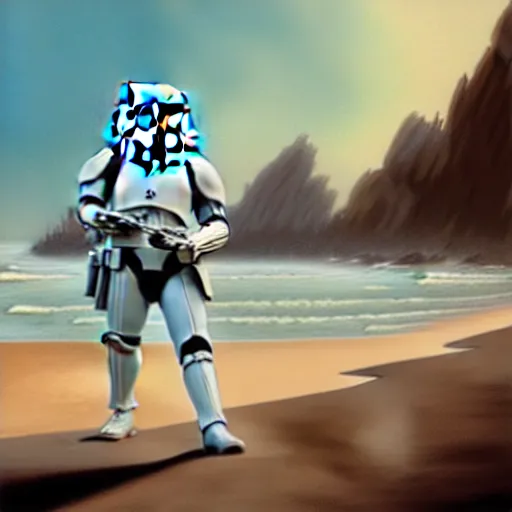 Image similar to vintage disney version of a stormtrooper on the beach, medium shot, digital painting,sharp focus, illustration, art by Walt Disney and Greg Rutkowski