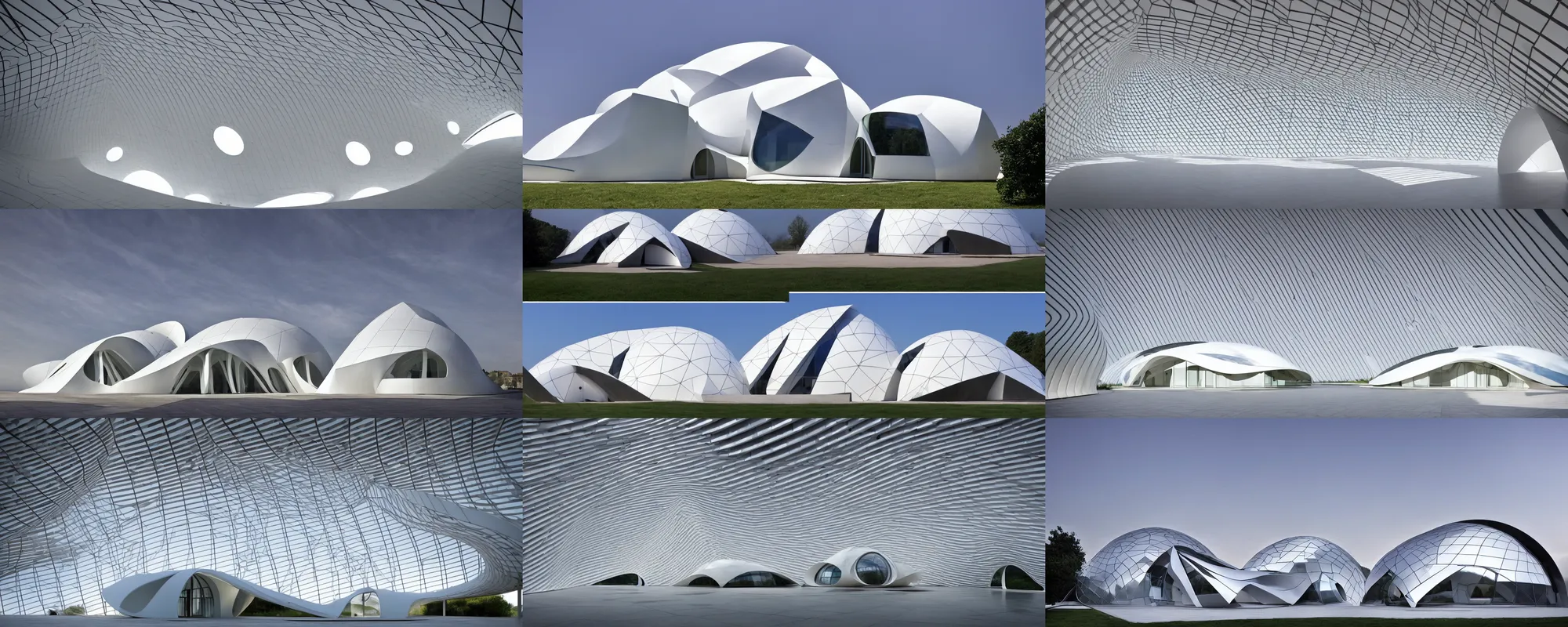 Prompt: geometric dome house by zaha hadid and santiago calatrava and buckminster fuller frank gehry, minimal, kristoffer tejlgaard dome of visions,