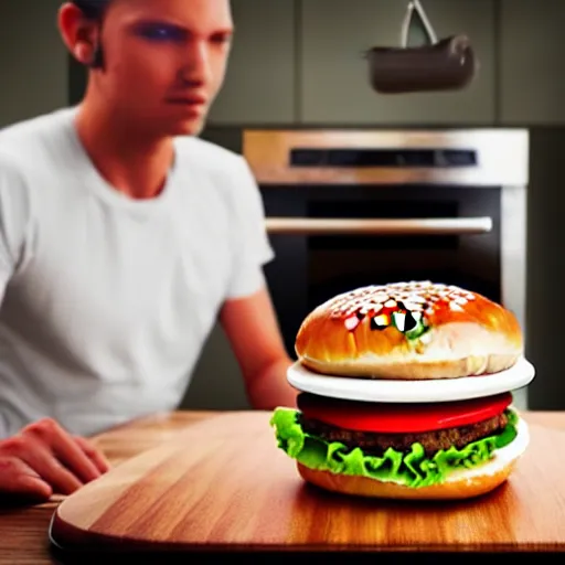 Image similar to a human living in a hamburger, the human is inside the burger cooking burgers