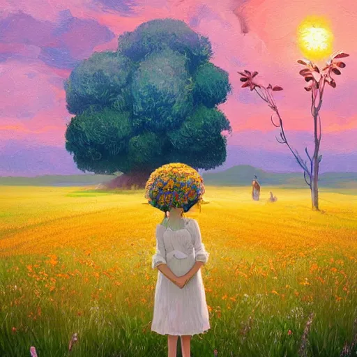 Image similar to girl with giant flower as a face and flower dress, standing in a flower field hills, big trees, sunrise dramatic light, impressionist painting, colorful clouds, digital painting, pointillism, artstation, simon stalenhag