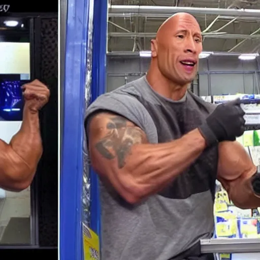 Prompt: dwayne the rock johnson stealing from walmart cctv footage