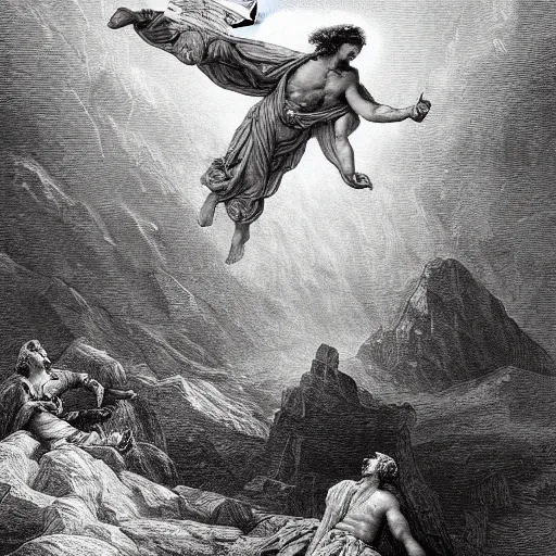 Image similar to A biblical painting of Jacob suplexing an angel at the top of a mountain by Gustave Doré, black and white palette, Scenic, Dramatic, beautiful shore in background, detailed