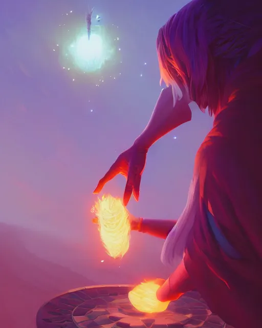 Image similar to highly detailed vfx portrait of a mage casting a earth spell, unreal engine, greg rutkowski, loish, rhads, beeple, makoto shinkai and lois van baarle, ilya kuvshinov, rossdraws, tom bagshaw, alphonse mucha, global illumination, detailed and intricate environment