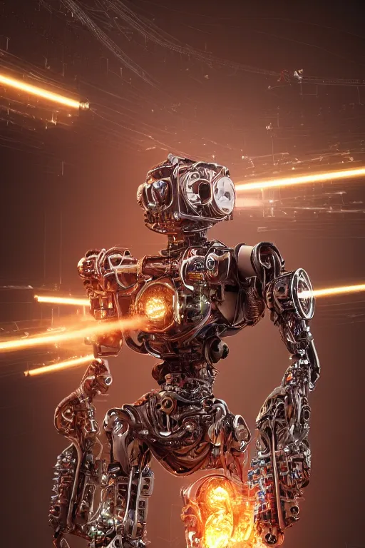 Prompt: a portrait of a extremely intricately detailed beautiful robot lots of cables and lights and connections, highly detailed perfect render, realism. concept art. unreal engine 5, f / 1. 8, v - ray, ultra hd, 8 k, atmospheric beautiful background and beautiful lighting. iron forge background lots of sparks and fire. hyper realism.