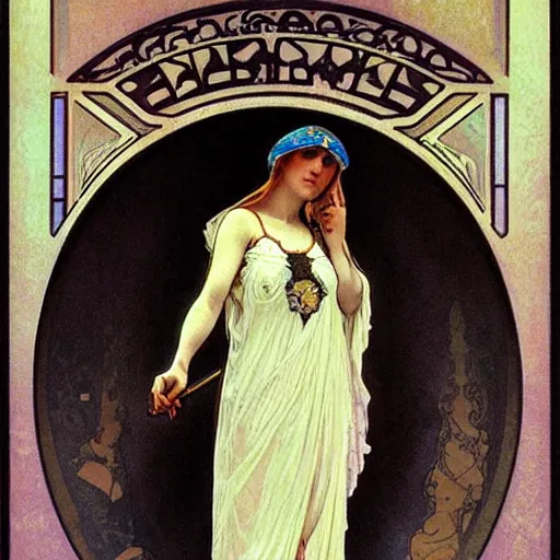 Image similar to a beautiful female necromancer raising the dead by alphonse mucha by jules joseph lefebvre