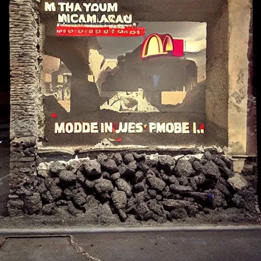 Prompt: McDonals advert, found in the ruins of Pompeii