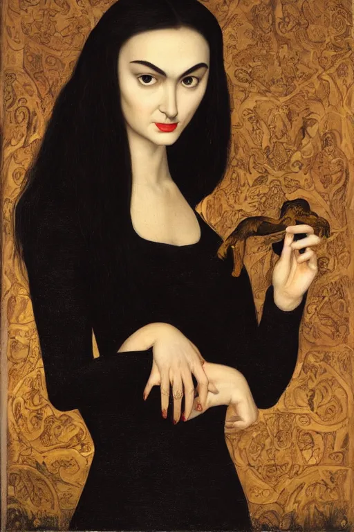 Image similar to beautiful face portrait of sasha grey as morticia addams, oil painting by nicholas hilliard, raphael, sofonisba anguissola